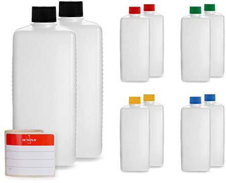 Octopus 10x 500 ML Bouteilles en Plastique, Bouteilles en Plastique HDPE avec Bouchons à vis colorés, Bouteilles vides, Bouteilles carrées vides avec étiquettes