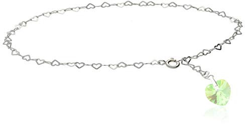Fußkette, Fußkettchen 925 Silber mit Swarovski Elements Herz in der Farbe Peridot AB