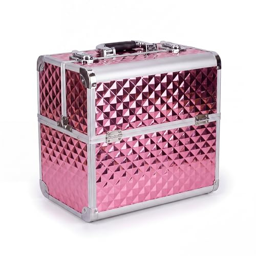 N&BF Kosmetikkoffer Groß Rosé Diamond | Abschließbarer Schminkkoffer & Beautycase aus Aluminium | Nagelkoffer mit 4 Ausklappfächern | Makeup Koffer & Friseurkoffer 36,5 x 22,5 x 35,5 cm