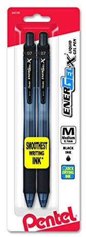 Pentel EnerGel-X Retractable Liquid Gel Pen 0.7mm, Metal Tip, Medium, Black Ink, Pack of 2 (BL107BP2A)