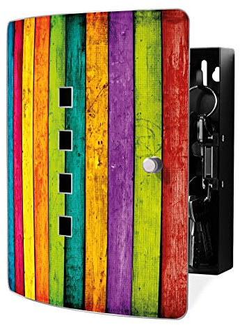 banjado Design Schlüsselkasten aus Edelstahl für 10 Schlüssel/Schlüsselbox zur Schlüsselaufbewahrung 24 x 21,5 x 7cm groß mit praktischem Magnetverschluss/Motiv Bunte Holzlatten