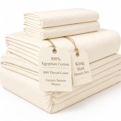 CHATEAU HOME COLLECTION - 800 Thread Count Egyptian Cotton Sheet Set with Deep Pocket Satin, Cotton, Ivory, King