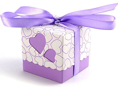 50pz Bomboniere Scatola CUORE Porta Confetti Segnaposto Regalo con il nastro raso (VIOLA)