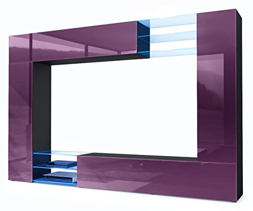 Vladon Wohnwand Mirage, Made in Germany, Anbauwand mit Rückwand mit 2 Türen, 2 Klappen und 6 offenen Glasablagen, Schwarz matt/Brombeer Hochglanz, inkl. LED-Beleuchtung (262 x 183 x 39 cm)