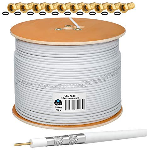 HB-DIGITAL SET: 500m Koaxial SAT Kabel 135db Weiß + 100x F-Stecker vergoldet | CCS (Stahl-Kupfer) Satellit Antennenkabel 5-Fach geschirmt für DVB-S/S2 DVB-C/C2 DVB-T/T2 DAB+ Radio BK Anlagen