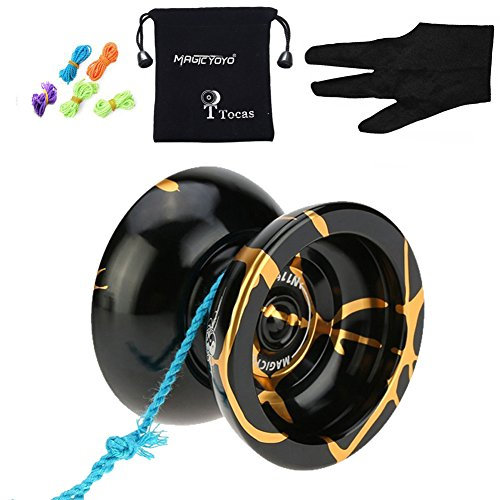 MAGICYOYO Profi Unresponsive JoJo für Kinder und Erwachsene, Nicht für Anfänger, Magic Yoyo N11 Pro Metall Jo-Jo Ball mit Tasche, Jo Jo Handschuh und 12 Jojos Saiten, Schwarz und Gold JoJo