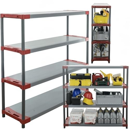 MODO24 Kunststoffregal Jupiter 138x150x46 cm, 4 Ablagen à 70 kg | Lagerregal aus Kunststoff für Keller, Garage, Vorratsraum, Werkstatt, Kellerregal, Steckregal modular, Plastikregal, Rot