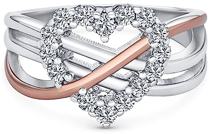 Bling Jewelry Forme De Coeur Deux Tons Halo CZ Bague De Fiançailles Criss Cross Band Pour Femme Ados Rose En Argent 925 Plaqué Or