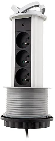 Zenitech - Bloque 3 Enchufes 16A 2P+T Retráctil Cableado HO5VV-F 3G1 - Enchufes Ocultos para Optimización del Espacio - Tapa y Marco Decorativo - Gris - 1,60m