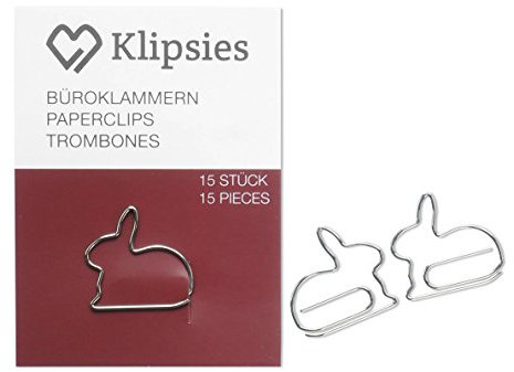 KLIPSIES Hase (Design wählbar) 15 Deko Büroklammern Motiv Heftklammern 1x15 Stück Silber