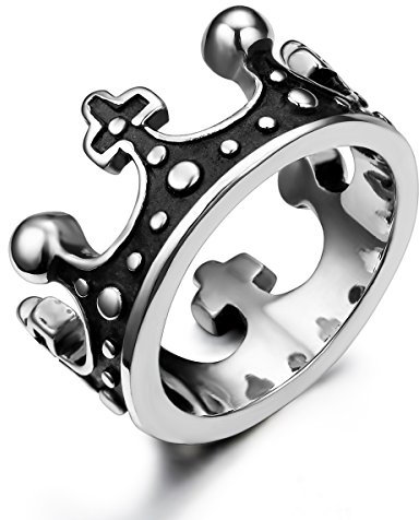 JewelryWe Krone Ring Damen Herren: Edelstahl Damen-Ring Herren-Ring Retro Krone Unisex Band Partnerringe Verlobungsringe Eheringe mit Gravur Schwarz Silber Größe 52 - mit Geschenk Tüte
