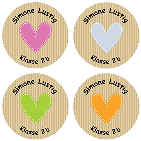 Papierdrachen 24 individuelle Aufkleber für Kinder - Motiv Herzen - personalisierte Sticker - ideal zur Einschulung und zum Beschriften von Büchern und Heften
