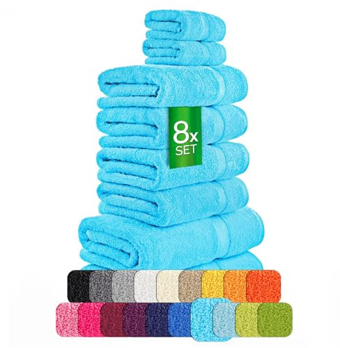etérea Carli Frottee Handtücher Set - 100% Baumwolle - Oekotex 500 GSM - 8 TLG - 2X Duschtuch 70x140 + 4X Handtuch 50x100 +2X Gästehandtücher 30x50 - Bath Towel Frottiertücher - Türkis