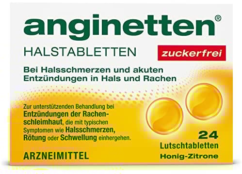 anginetten Halstabletten zuckerfrei | Zur unterstützenden Behandlung bei Entzündungen der Rachenschleimhaut | 24 Lutschtabletten | Honig-Zitrone Geschmack