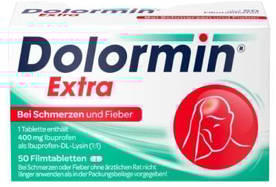 Dolormin Extra – Schnelle Hilfe bei Schmerzen – wie Kopf-, Zahn- und Regelschmerzen – mit Ibuprofen-Lysin – 50 Stück