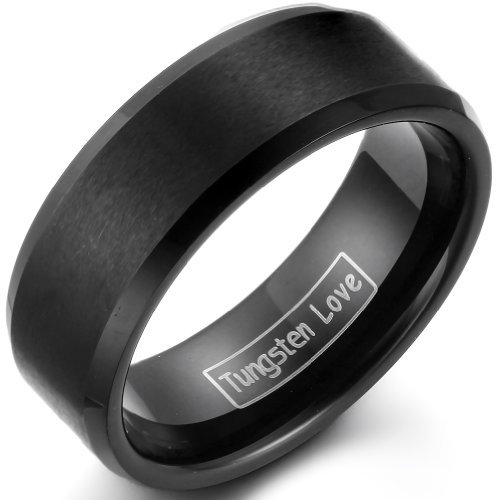 JewelryWe Ringe Herren Wolfram Gebürstet: 8mm Breite Wolframcarbid Herren-Ring Damen-Ring Schwarz Matt mit abgeschrägte Kanten Partnerringe Jubiläum Verlobung Hochzeit Band mit Gravur Größe 61