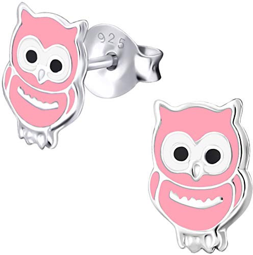 JAYARE Ohrringe Mädchen Eule 925 Sterling Silber rosa pink 8 x 6 mm Kinder Ohrstecker Mädchenohrstecker Kinderohrringe