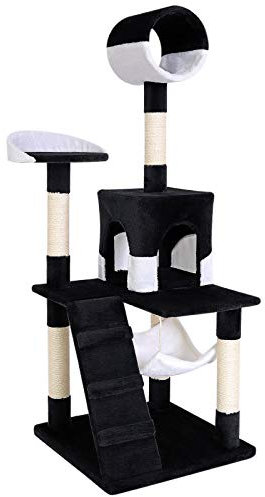 lionto Arbre à Chat avec hamac et Tunnel, Hauteur 133 cm, Arbre avec Corde en sisal et Peluche Douce, Surfaces de Repos et niches Confortables, pour Petits et Grands Chats, Noir/Blanc