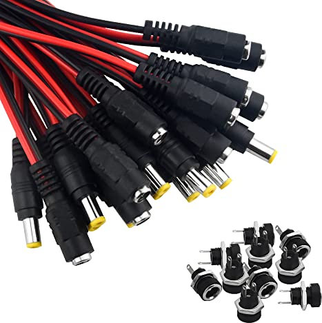 WMYCONGCONG 20 Stück DC-Stromanschlussadapter, Stecker und Buchse, für CCTV-DVR-Kamera, Anschlusskabel, Stecker, Anschlusskabel und 10 DC-Stromanschlussbuchsen, Buchse, Panelmontage, 2,1 x 5,5 mm