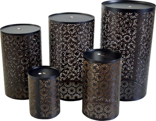 Runde Metall Windlicht Leuchte, Teelichthalter, Modell 5, 5`er Set | Metallschirm mit filigranen Mustern, auch als Deckenlampe nutzbar, verschiedene Größen verfügbar.