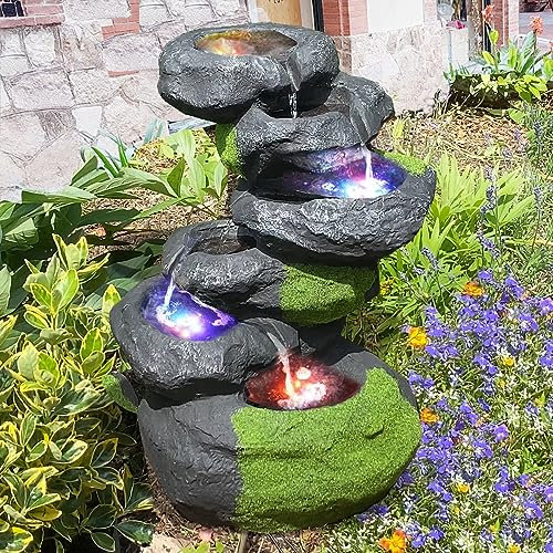GARTENBRUNNEN BRUNNEN ZIERBRUNNEN VOGELBAD Wasserfall VOGELTRÄNKE GARTENLEUCHTE TEICHPUMPE GARTENDEKO, FELS-Kaskade geschwungen mit Pumpe und 4 RGB LED-Licht-230V (V012)