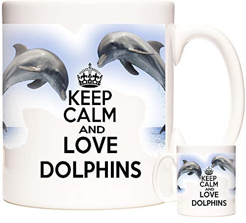 Dolphin Mug, Keep Calm Love Dolphins. 11oz Ceramic Gift Mug for People who Like Dolphins.