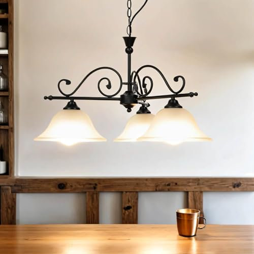 Licht-Erlebnisse Pendelleuchte Esstisch Schwarz, Rustikale Deckenlampe Landhausstil, Hängelampe Glas, blendarm, Küche, 3-flammig, E27, B:60 cm, Hängeleuchte Wohnzimmer