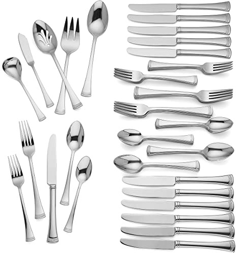Lenox Silverware Set For 12, Portola 65-Piece Flatware Set with Serving Utensils, Service For 12, 18/10 Stainless Steel Flatware, Dishwasher Safe, Knives Spoons and Forks (Silver, 65 pieces)