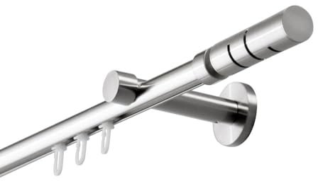 DécoProfi Gardinenstange Innenlauf 1-läufig Set Ø 20 mm Edelstahloptik mit Schraubkappenträger I Länge: 120cm Aluminium für Wandmontage I Als Gardinenschiene & Vorhangstange geeignet