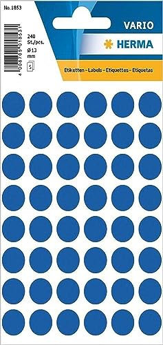 HERMA 1853 Punktaufkleber Klebepunkte blau, 240 Stück, Ø 13 mm, 48 pro Bogen, selbstklebend, Markierungspunkte für Kalender Planer Basteln, matt, blanko Papier Farbpunkte Etiketten Aufkleber
