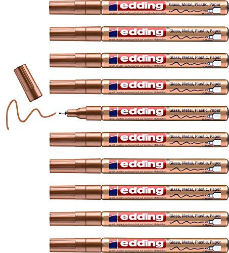 edding 780 gloss paint marker - copper - 10 paint markers - extra-fine round tip 0.8 mm - paint pen for glass, pebbles, wood, plastic, paper - waterproof, high coverage