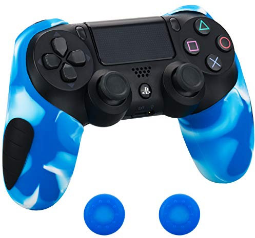 Pandaren® Silicone Thicker Half Skin For PS4/ SLIM/ PRO Controller x 1 + Thumb Grip x 2 (White Blue)
