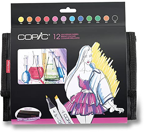 COPIC Classic Set Leuchtende Farben, 12er Set im Wallet, Twin Marker mit einer mittelbreiten und einer feinen Spitze