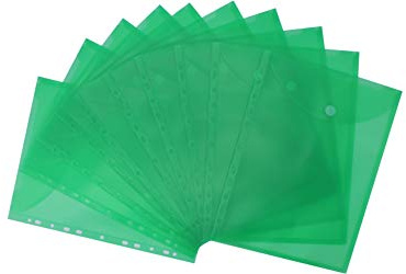 Dokumententaschen A4 hoch transparent grün, 10 Stück | Reißfeste PP‑Taschen mit Klettverschluss und EURO‑Lochung – schützen A4‑Unterlagen und bieten schnellen Überblick