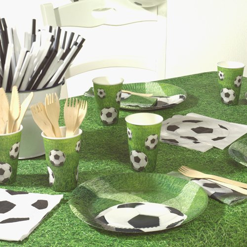 Einweggeschirr & Besteck 40-teiliges Partyset Fussball: 10 Pappteller, 10 Pappbecher und 20 Servietten