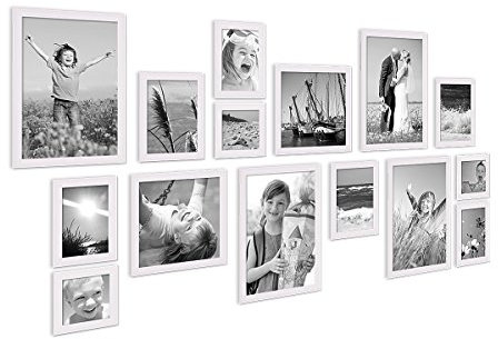 PHOTOLINI Bilderrahmen-Set Holz Weiß Landhaus-Stil, 15er Set Holz-Rahmen, Made in Germany, Echtglas, zum Aufhängen, mit Zubehör - perfekt für Familienfotos & Urlaubsbilder