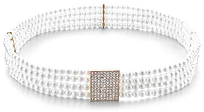 Trimming Shop Damen 4 Reihen Weiß Perlenkette Taille Gürtel für Freizeit und Party Kleidung mit Verstellbarem Modisch Oval Form Strass Schnalle, Mode Zubehör, 57cm - Weiß, Weiß, 76cm, 76cm