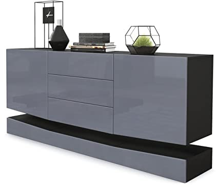 Vladon Sideboard City, Made in Germany, Schwarz matt/Grau Hochglanz - Moderne Kommode für Ihr Wohnbereich (178 x 72 x 38 cm)
