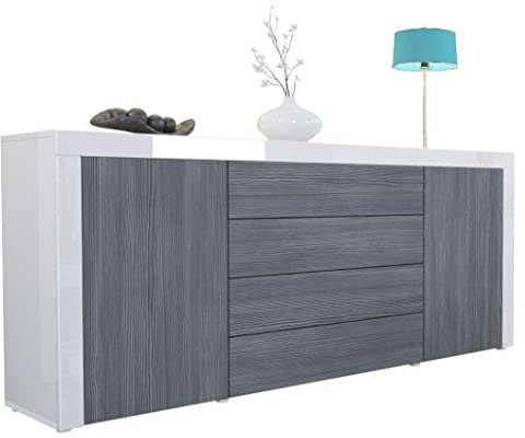 Vladon Sideboard Kommode La Paz, Made in Germany, Korpus in Weiß Hochglanz/Front in Avola-Anthrazit mit Rahmen in Weiß Hochglanz