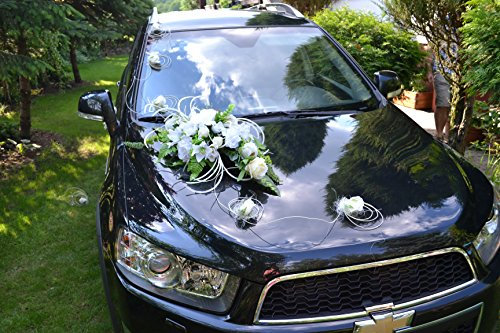 Autodeko Autoschmuck Hochzeit Deko Hochzeitsdeko Rattan 9 Rosen + Blumenstrauß NEU! (weiß)