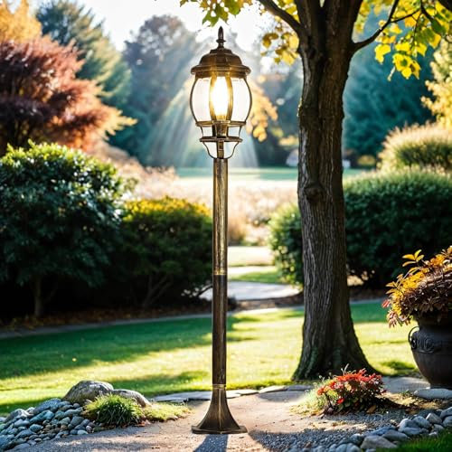 Lampe sur pied en aluminium et verre doré antique IP23 pour jardin 115,5 cm E27 Lanterne rustique style maison de campagne luminaire de chemin extérieur BREST