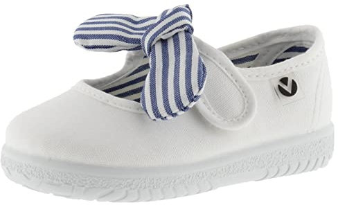 victoria Merceditas Unisex Ojalá Lona & Tira Adherente & Lazo Rayas 105110 para Niños Blanco 21