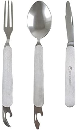 Lifeventure Stainless Steel Folding Cutlery Set for One - Knife, Fork and Spoon Set with Bottle and Tin Opener – Corrosion Resistant Ideal for Camping or Travel, Silver