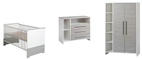 Schardt - Kinderzimmer ECO Komplettset Weiß/Silber - Bestehend Aus Kombi-Kinderbett 70x140 Wickelkommode mit Wickelaufsatz und Schrank mit 2 Türen und Seitenregal