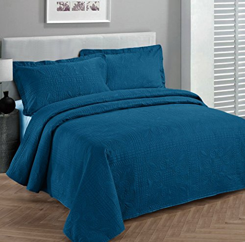 Fancy Collection Luxury Bed Throw Covers Embossed Bed Cover Solid Color Oversized Blue King/California King