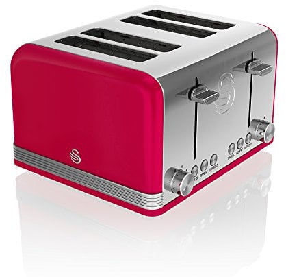 Swan ST19020RN Retro 4-Slice Toaster with Defost/Reheat/Cancle Functions, Cord Storage, 1600W, Retro Red
