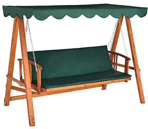 Outsunny 3 Seater 2-in-1 Wooden Garden Swing Seat Swing Chair Outdoor Convertible Hammock Bench Furniture Lounger Bed Wood, Dark Green