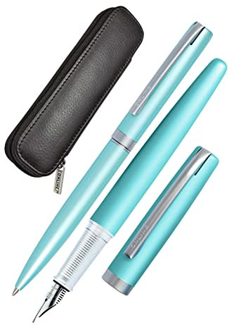 Online Schreib-Set Eleganza I enthält Kugelschreiber, Füller, Echt-Lederetui I Farbe Satin Turquoise I 3-teilig I in hochwertiger Geschenkbox I Füllhalter für Standardpatronen
