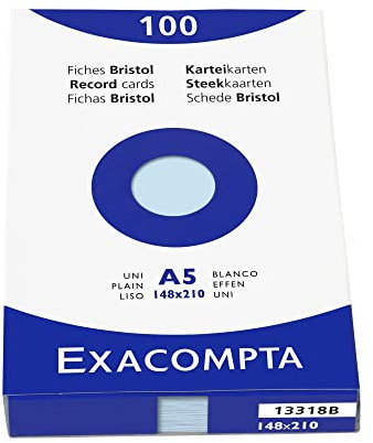 Exacompta 13318B Packung mit 100 Karteikarten, DIN A5, blanco, ideal für Notizen, Blau, 1 Pack