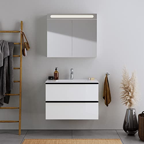 DURAVIT Badmöbel-Set DuraPoint 80cm hängend mit Einbauwaschbecken in Weiß Glänzend Waschbecken mit Waschtischunterschrank mit 2 Schubladen, vormontiert